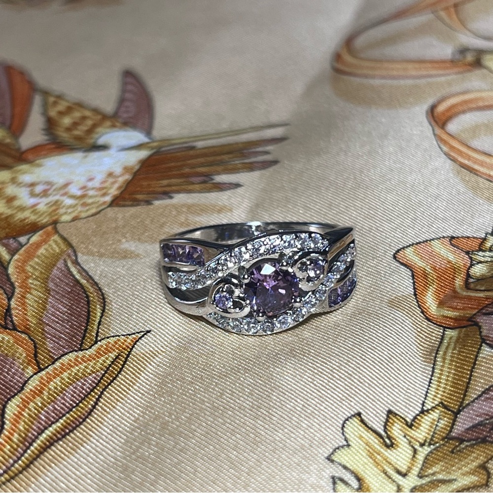 925 Sterling Silver Amethyst Diamond Ring